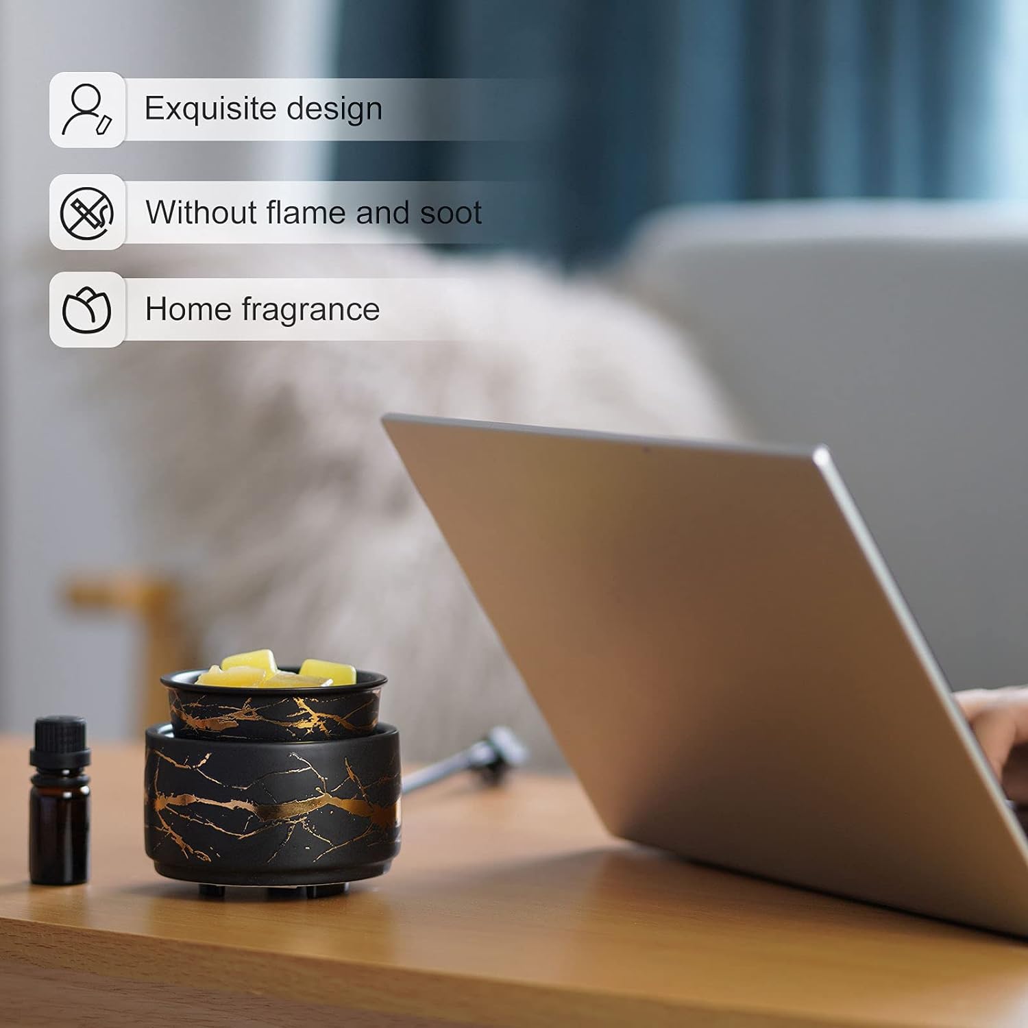 Wax Melt Burner Ceramic 3-in-1 Oil Burner Electric Candle Wax Burner (Black Gold)-3