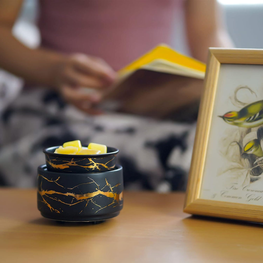 Wax Melt Burner Ceramic 3-in-1 Oil Burner Electric Candle Wax Burner (Black Gold)-2