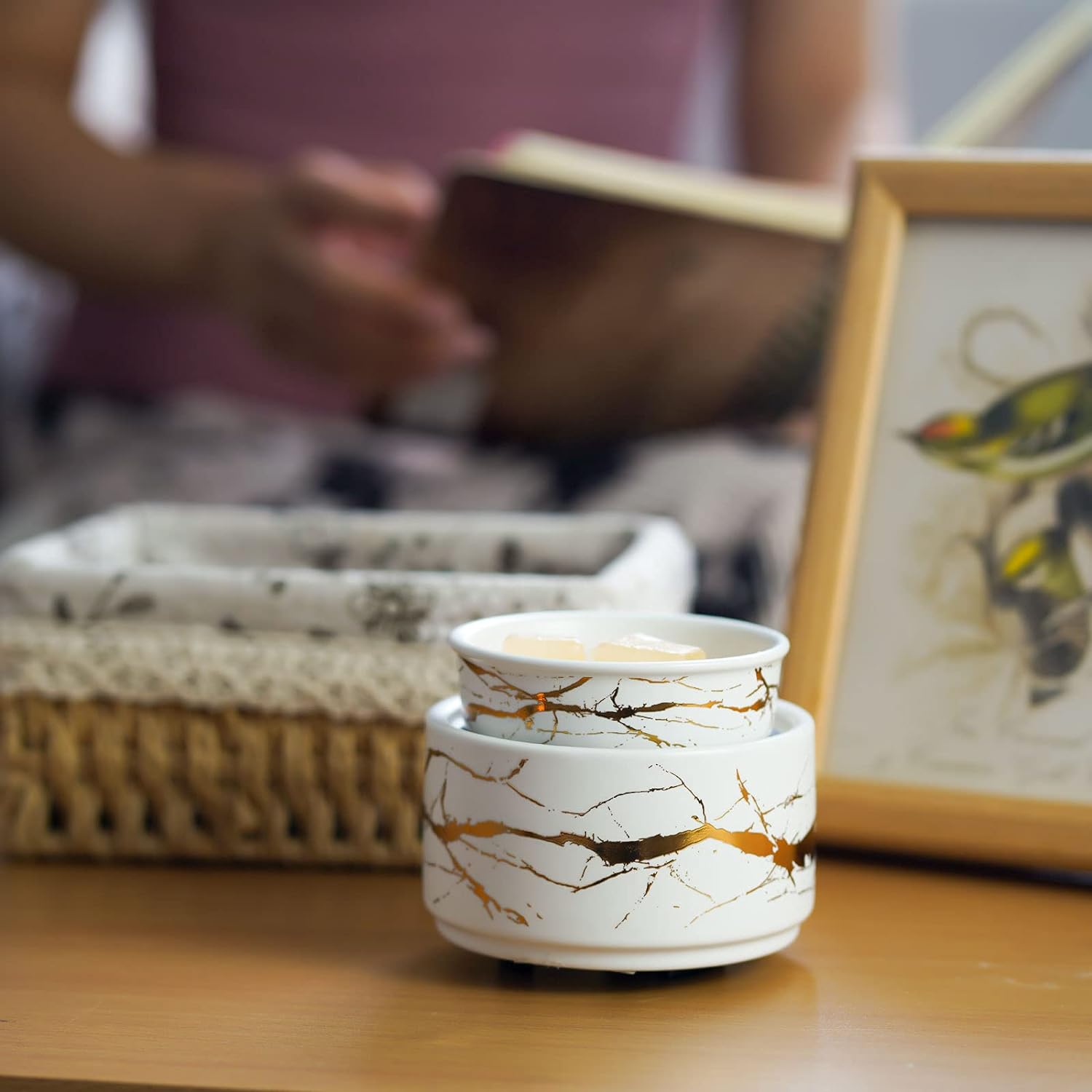 Wax Melt Burner Ceramic 3-in-1 Oil Burner Electric Candle Wax Burner (White Gold)-4